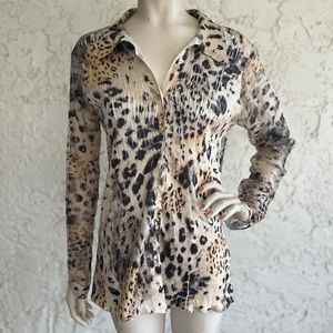 KOMAROV Top Animal Print Expandable Sheer Long Sleeve Button Down Size L